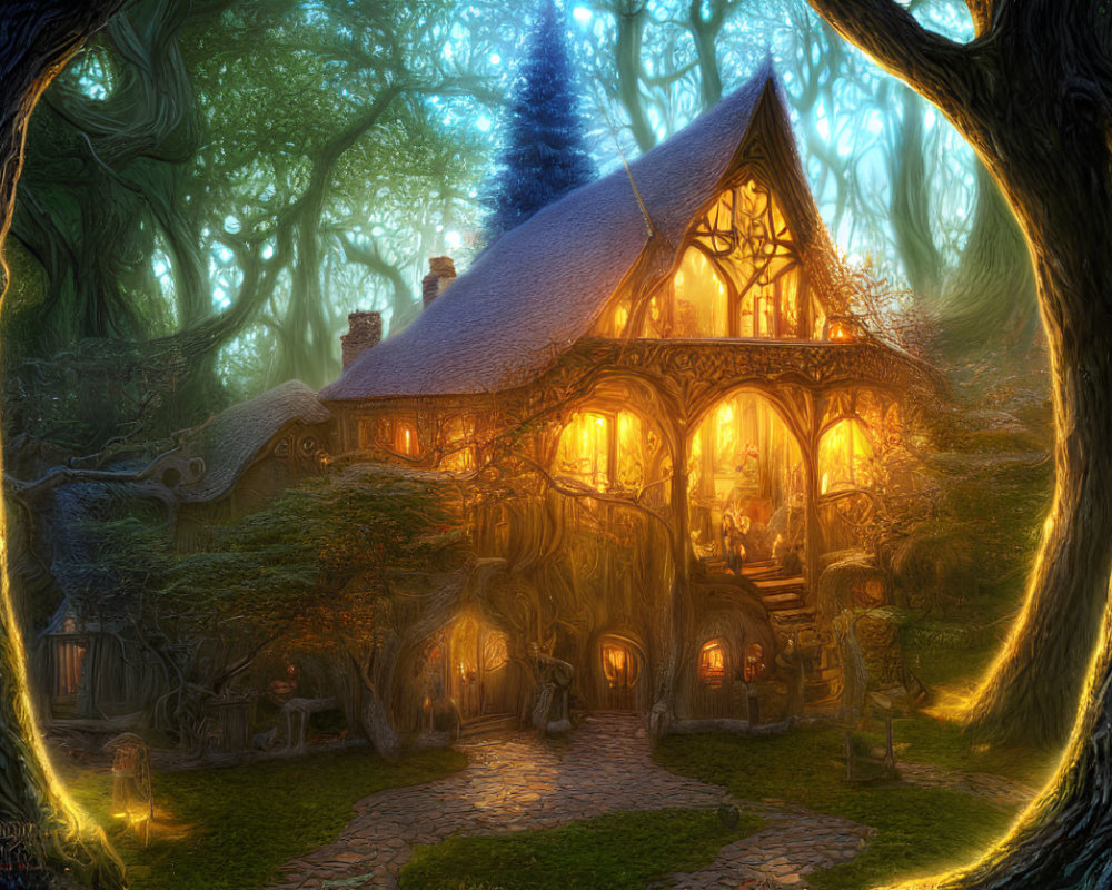 Cozy cottage in mystical forest with warm light and twilight backdrop