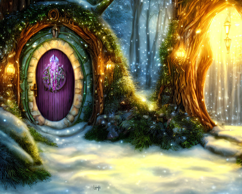 Winter scene with hobbit-style door in snowy tree, glowing light