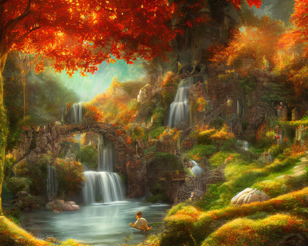 Tranquil autumn scene: waterfalls, stone bridge, vibrant foliage, animals in serene setting