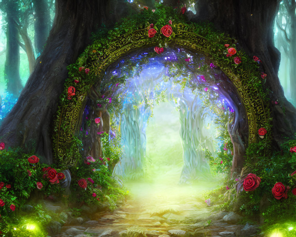 Enchanting forest pathway with mystical archway and glowing light