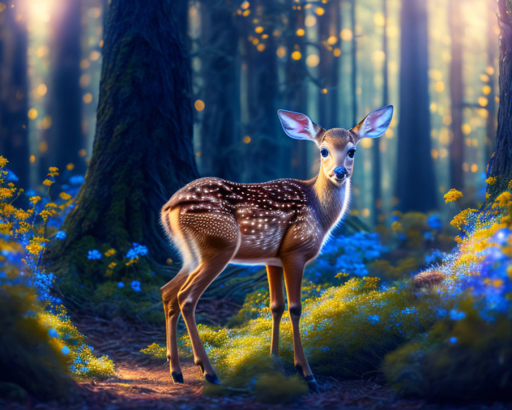 Fawn in Enchanted Forest Glade with Blue Flowers