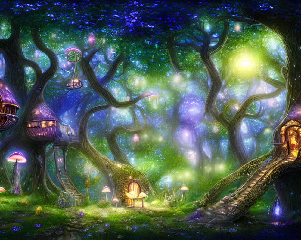 Glowing mushrooms and lantern-lit trees in enchanted forest scene