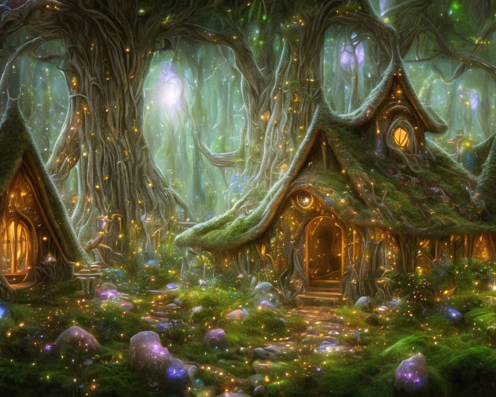 Whimsical enchanted forest scene with glowing treehouses and magical mushrooms