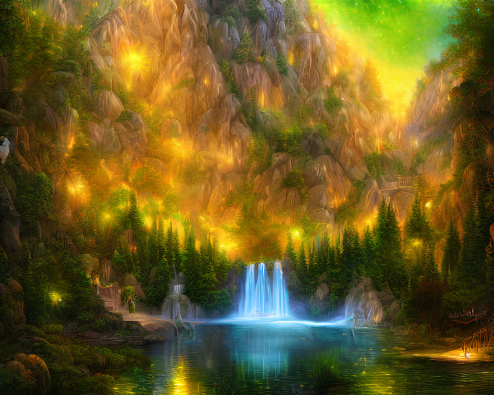 Fantasy landscape with glowing waterfalls and mystical green aurora