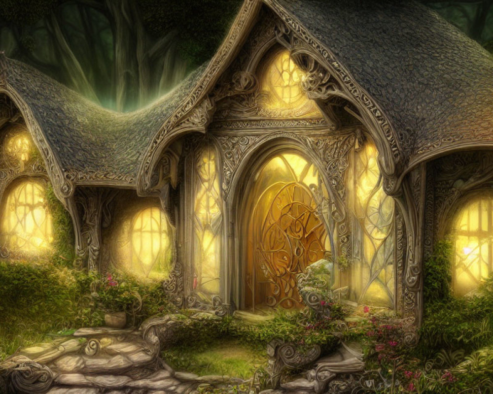 Intricate Glowing Cottage in Enchanted Forest