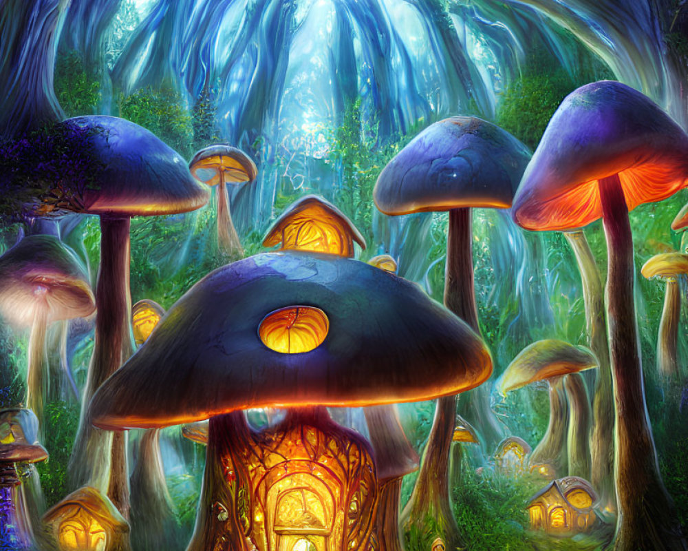 Enchanted forest with oversized mushrooms and cozy dwellings under tree canopy