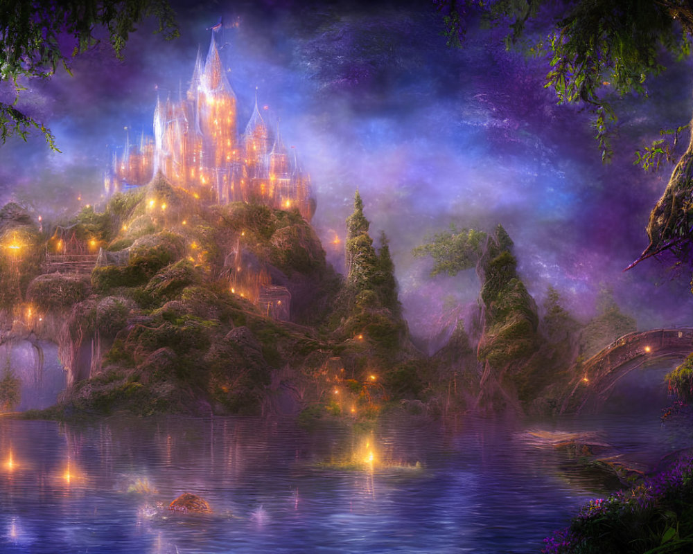 Glowing castle on hill in fantastical landscape with purple sky