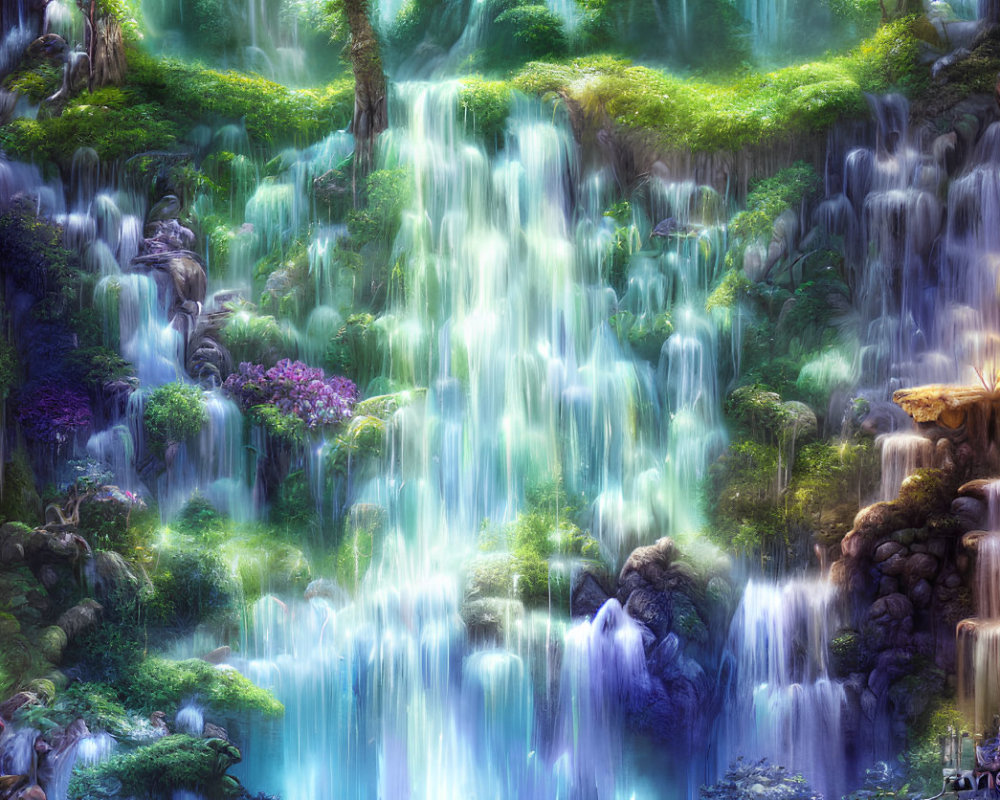 Vibrant fantasy waterfall surrounded by lush foliage