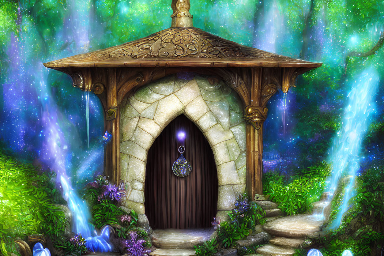 Captivating stone doorway in mystical forest with flowing streams and magic