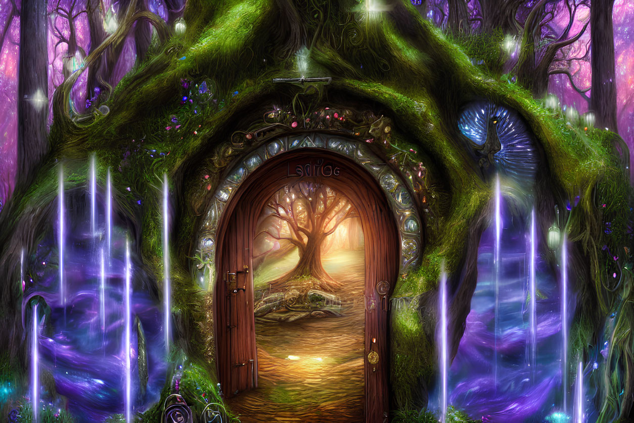 Fantasy woodland scene with glowing tree door and mystical path under purple sky