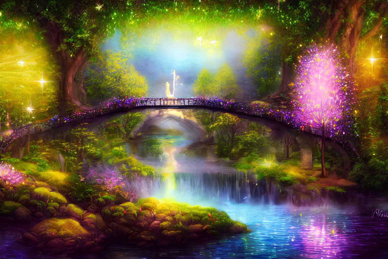 Fantasy landscape with sparkling waterfall, glowing figure, luminous trees.