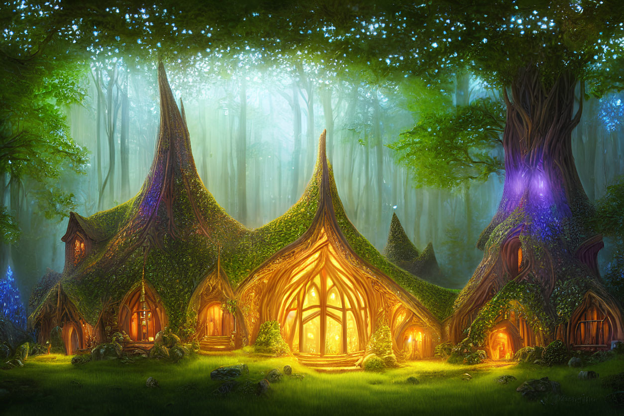 Whimsical treehouses in enchanted forest setting