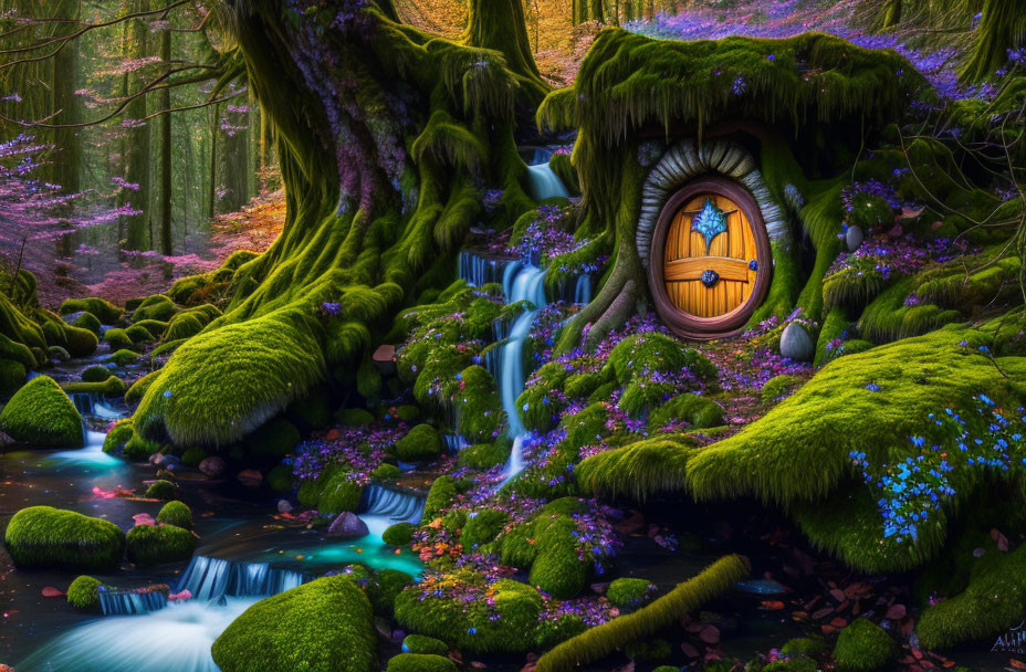 Whimsical forest scene with purple flora, moss-covered tree, fairy-tale cottage, stream,