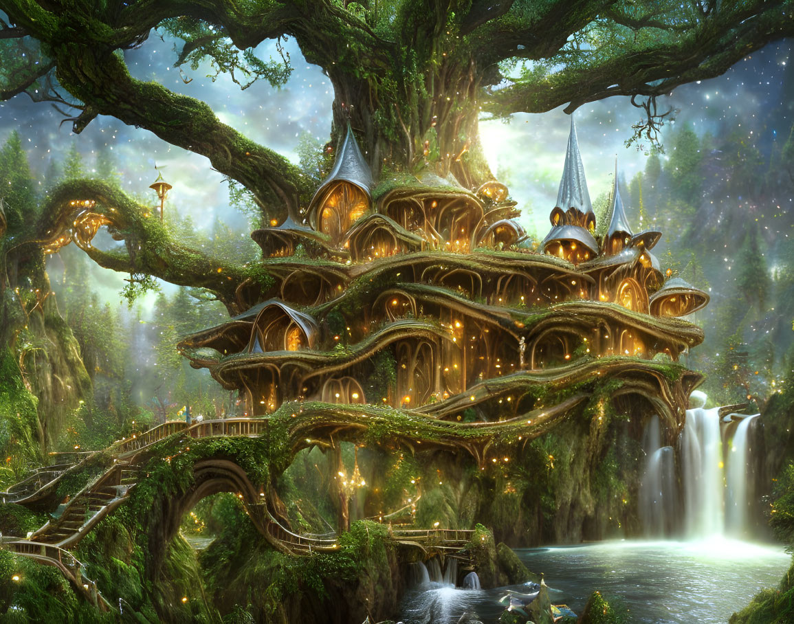 Fantastical treehouse village in enchanting forest scene