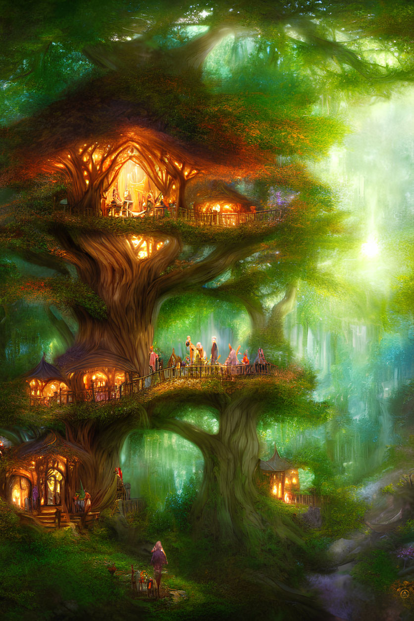 Enchanted forest scene with oversized trees and cozy dwellings