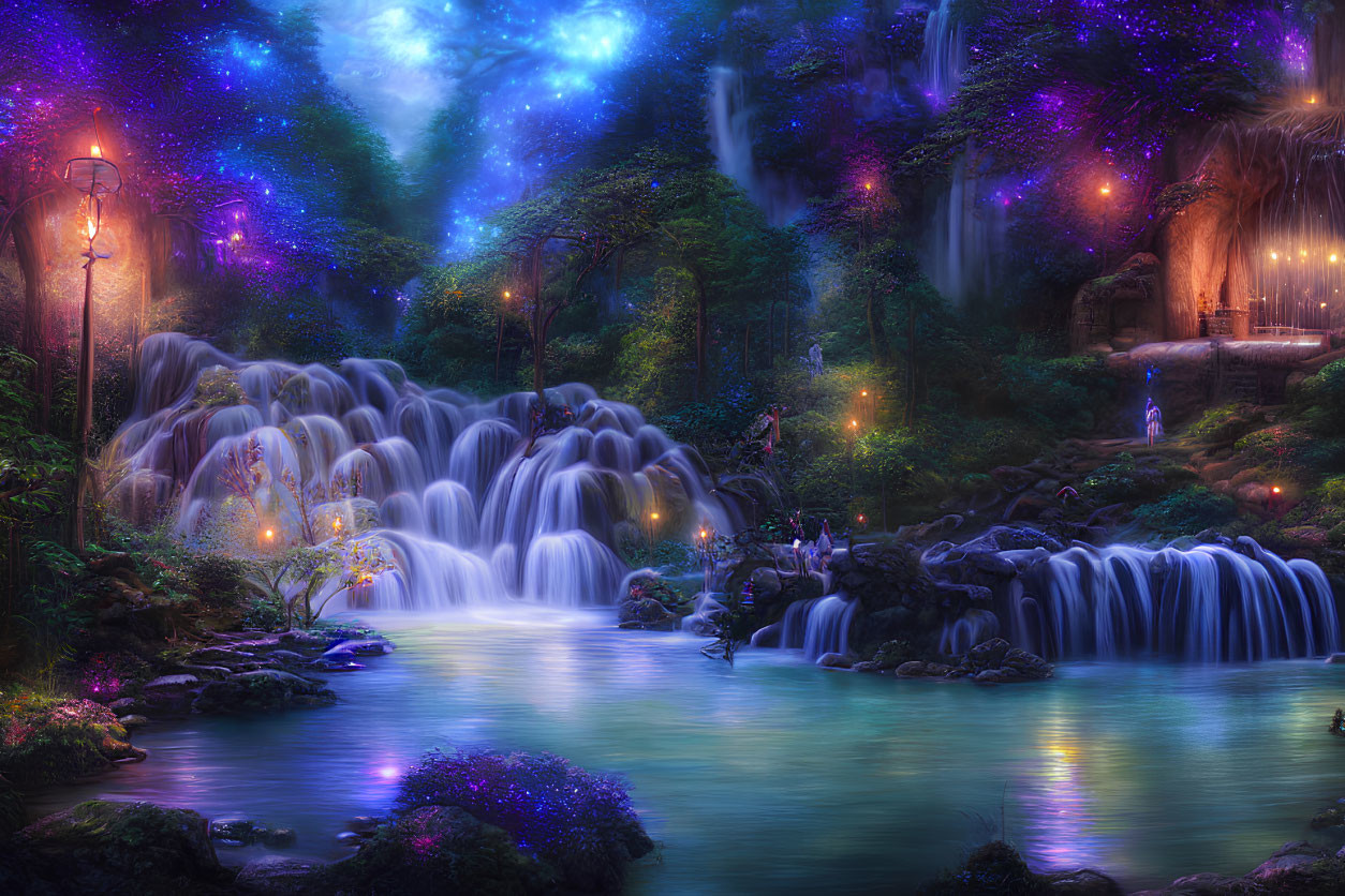 Magical nighttime landscape: waterfalls, glowing trees, starry sky, mysterious lights.