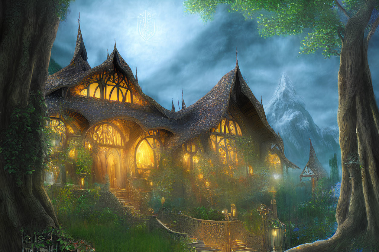 Enchanting fantasy house among trees with glowing windows, mountain backdrop, mystical symbol.