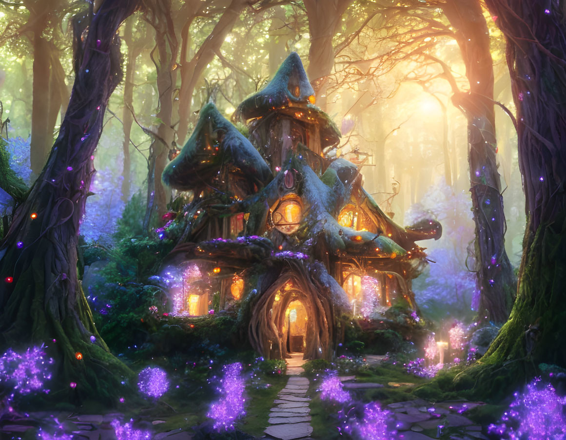 Whimsical Treehouse in Enchanted Forest Twilight