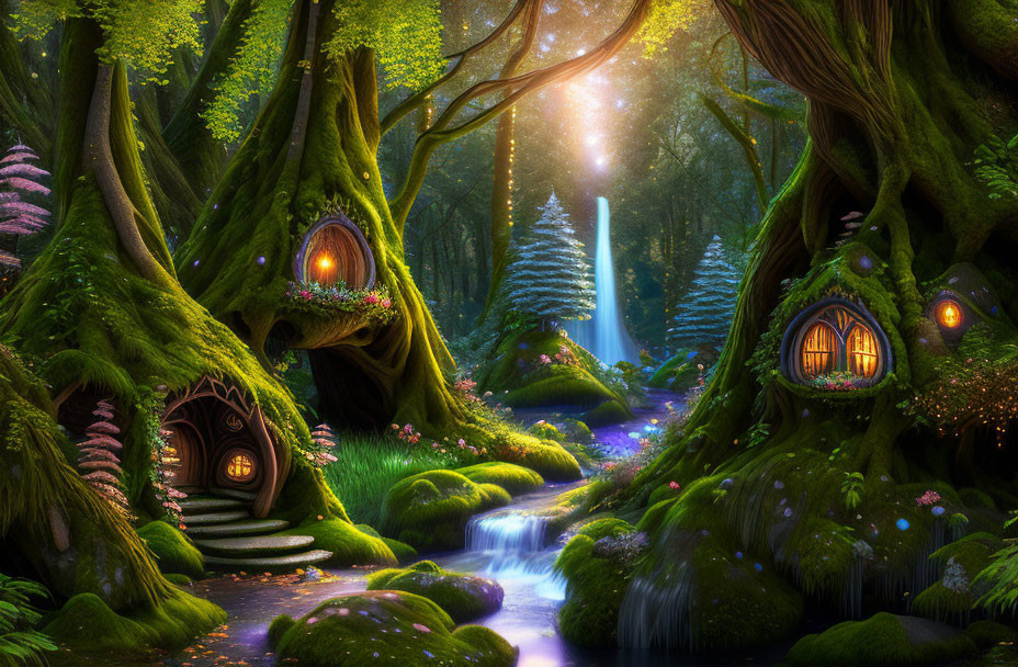 Enchanted forest with whimsical tree homes and vibrant flora