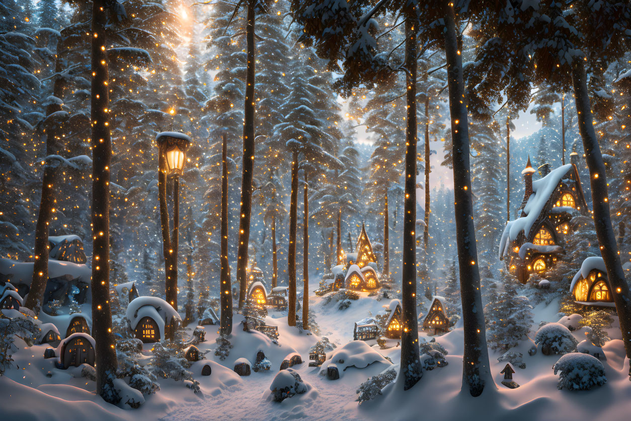 Snow-covered trees, cozy cottages, and glowing lamp posts in a magical winter scene