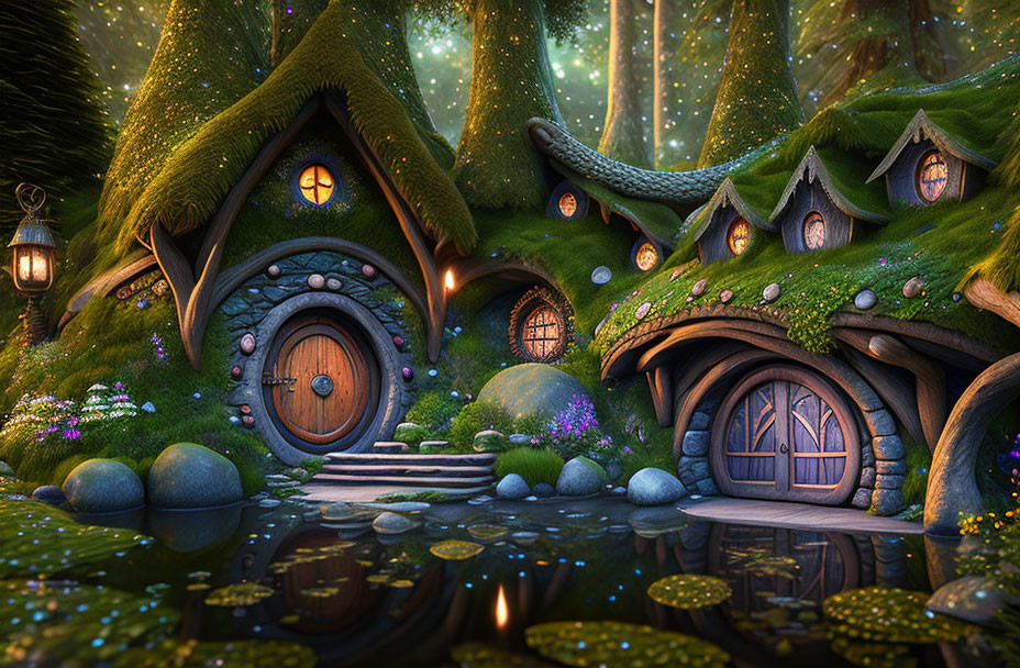 Whimsical forest scene with glowing windows and magical lights