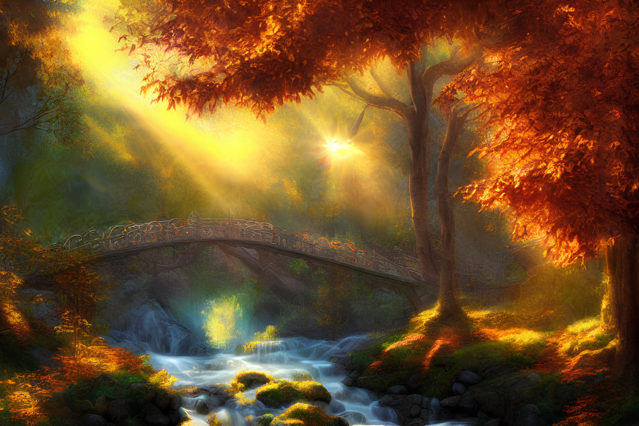 Sunlit stone bridge over autumn stream with warm foliage