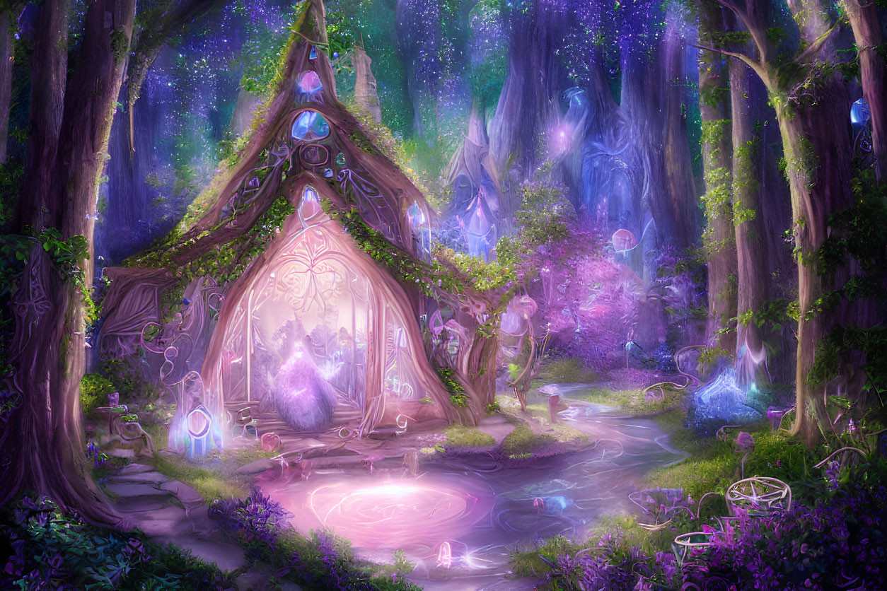 Fantasy forest with cottage, crystals, orbs, trees, and stream