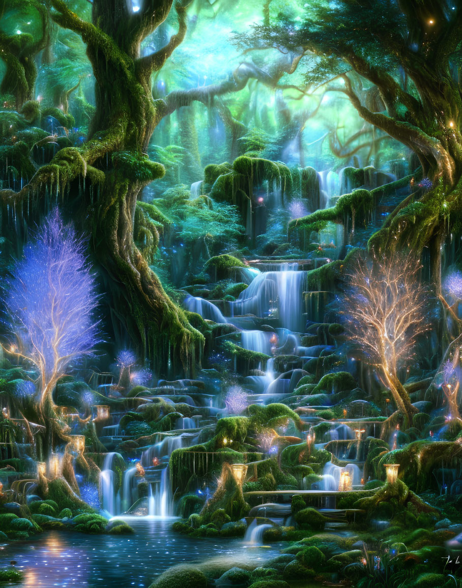 Mystical forest with blue and green hues, waterfalls, glowing flora, moss-covered trees