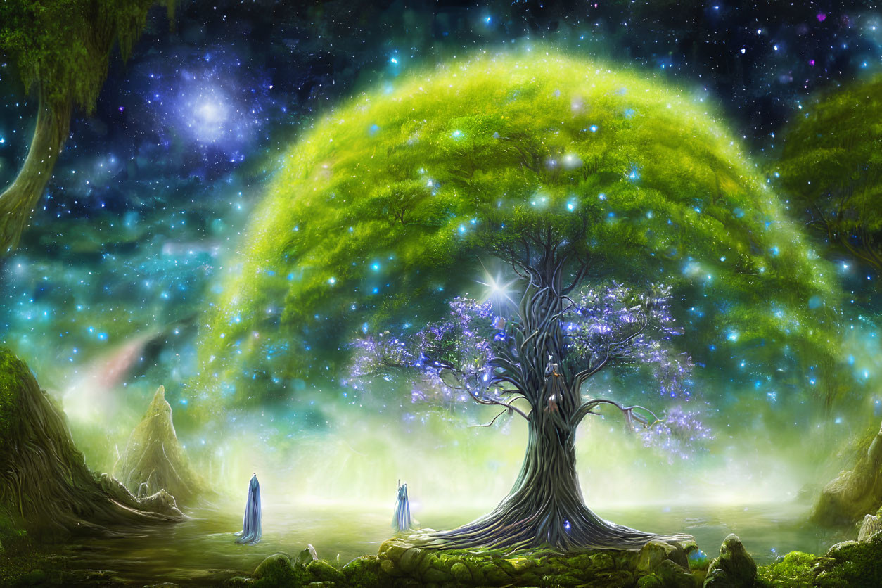 Majestic tree with luminous canopy in fantasy landscape