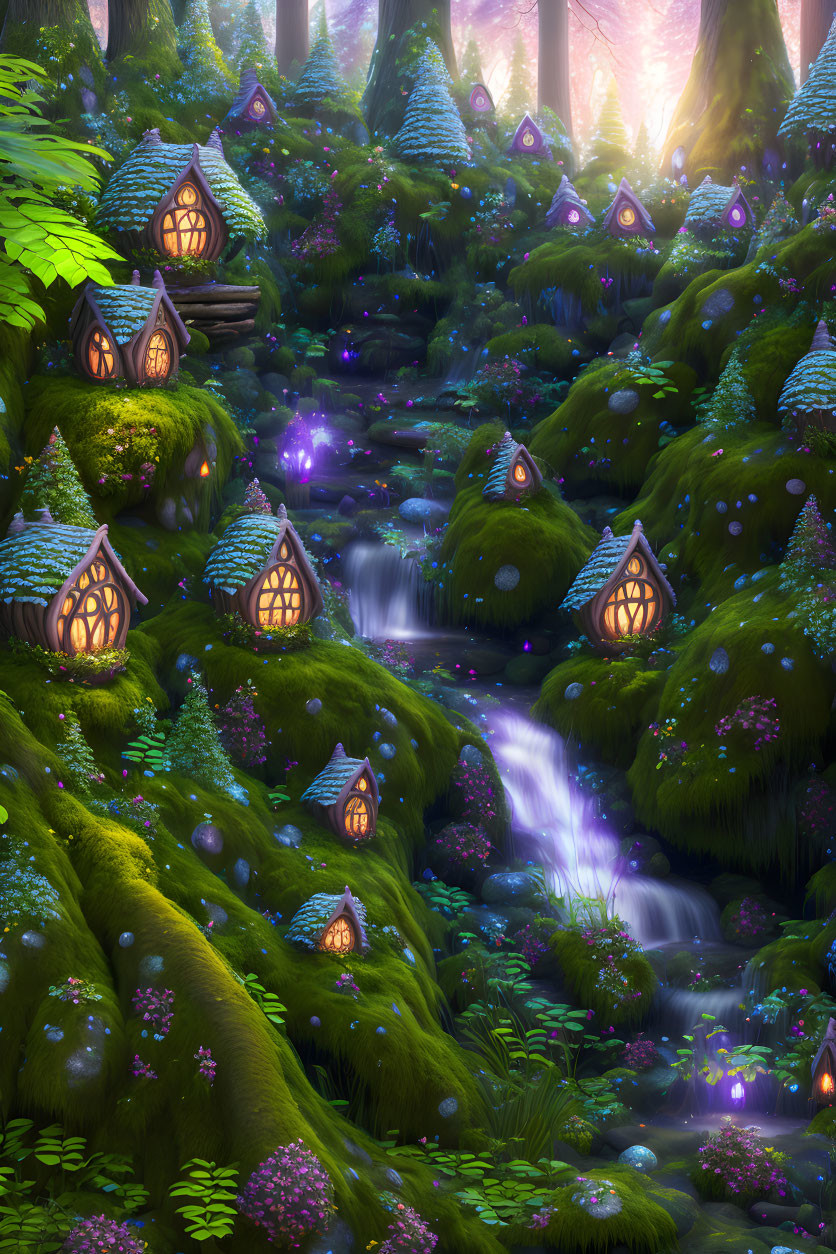 Whimsical houses in enchanted forest with glowing purple lights