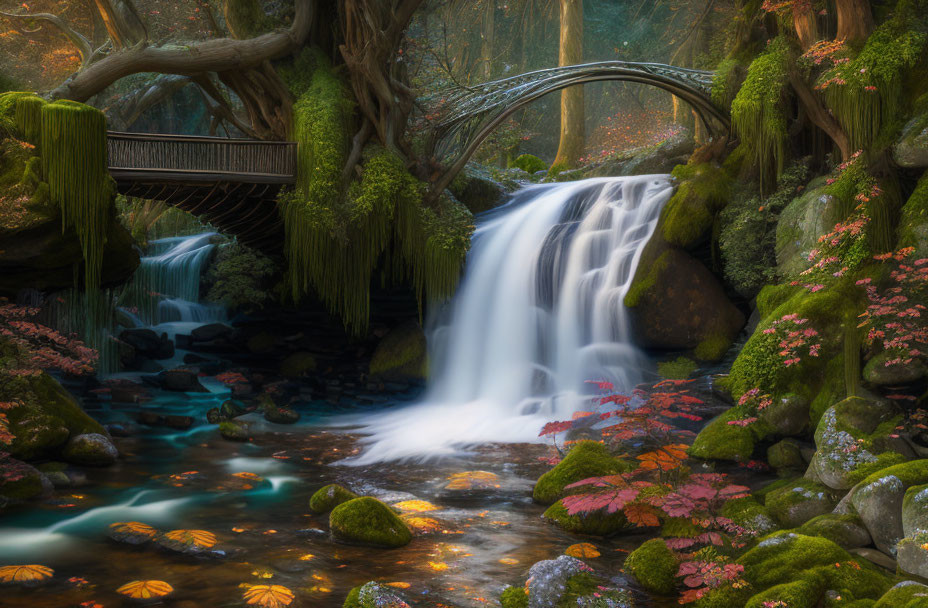 Enchanted forest scene with waterfall, wooden bridge, greenery, autumn leaves