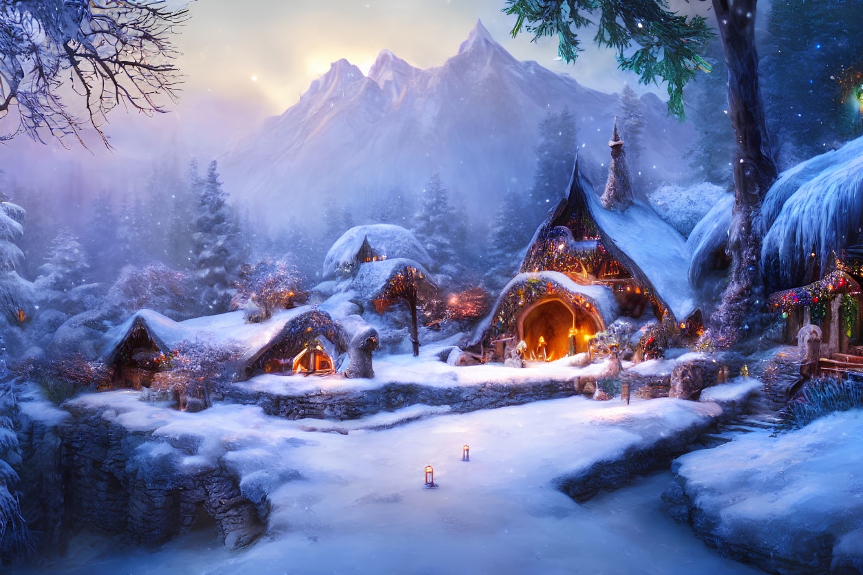 Snow-covered cottages in a winter village with glowing lights and majestic twilight mountains