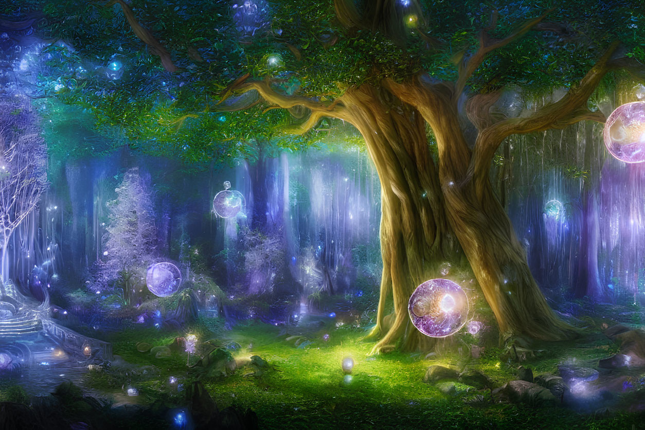 Enchanting forest scene with glowing orbs, misty light, and luminous plants