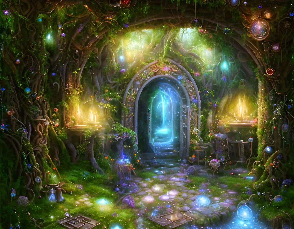 Enchanted forest scene with mystical doorway, glowing orbs, candles, and floating books