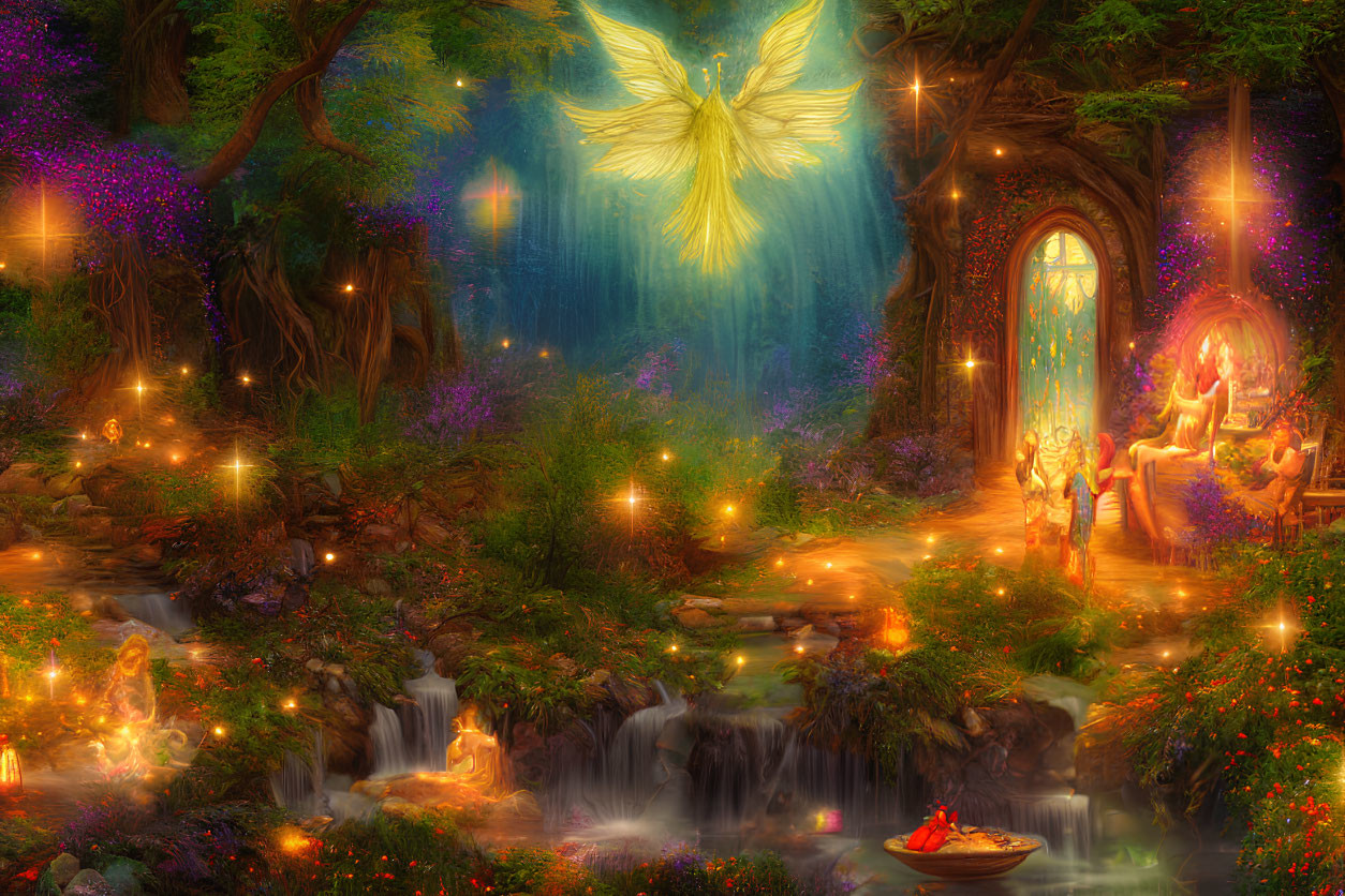 Ethereal fantasy scene with glowing winged creature, serene stream, lush foliage, flowers, mystical