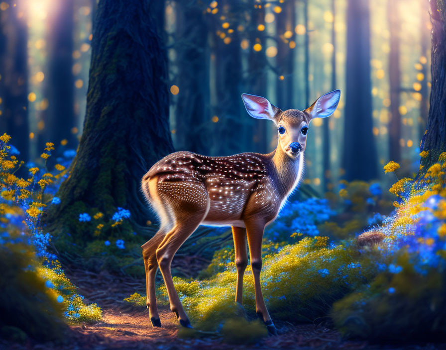 Fawn in Enchanted Forest Glade with Blue Flowers