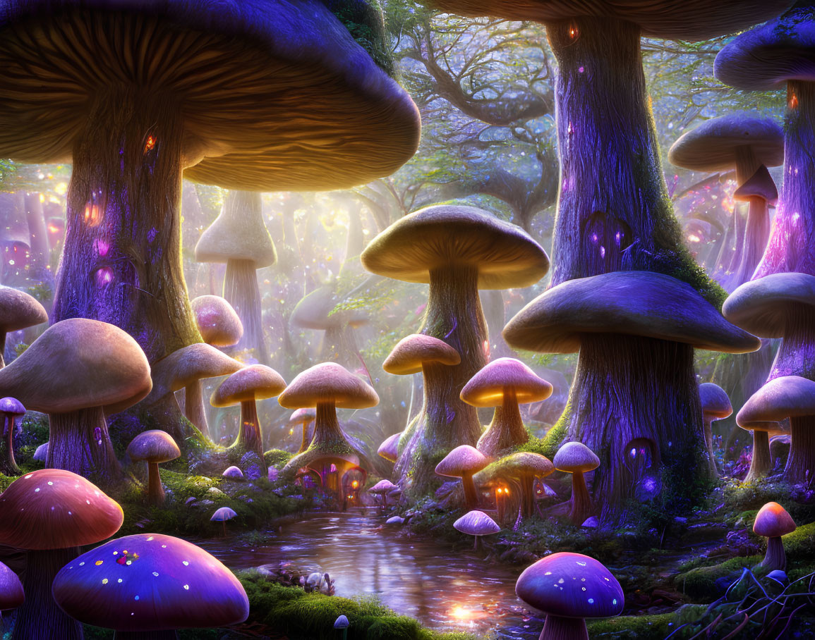 Vibrantly colored mushrooms in mystical forest with brook