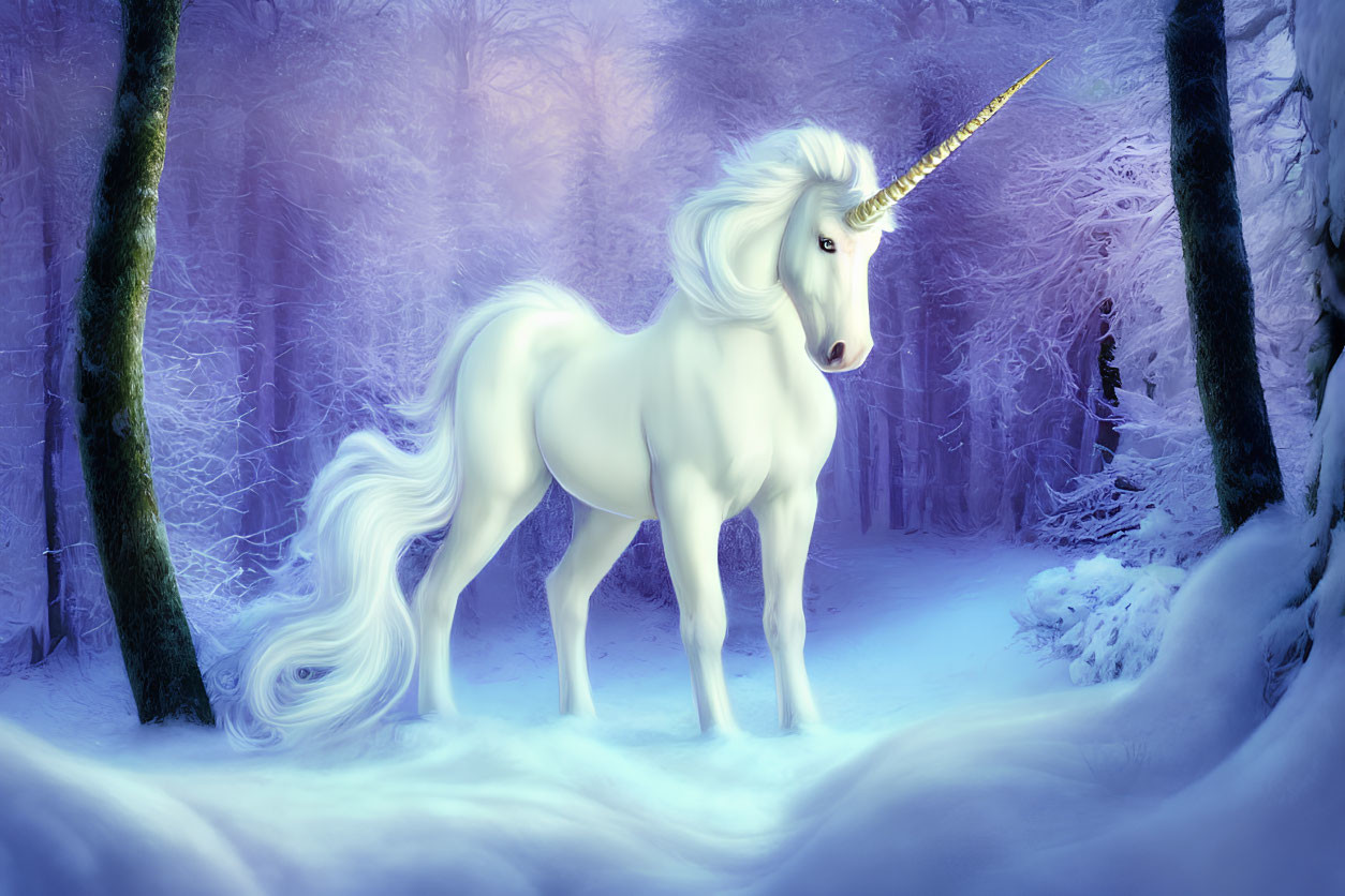 White unicorn with golden horn in snowy enchanted forest