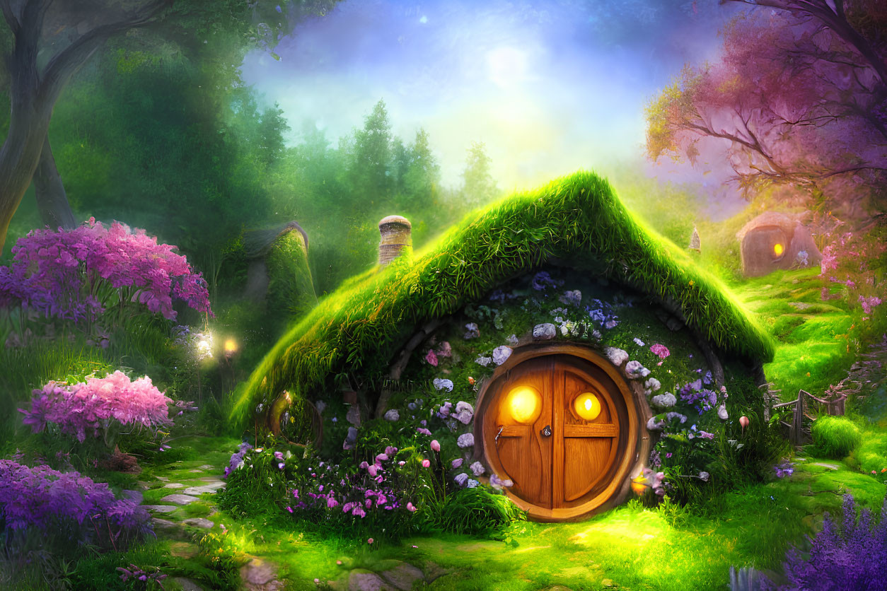 Enchanted forest cottage with round door and lush greenery