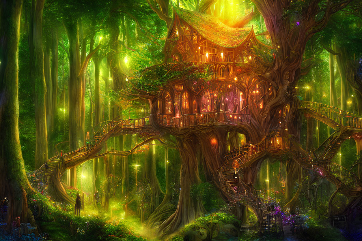 Enchanting treehouse with wooden pathways in mystical forest