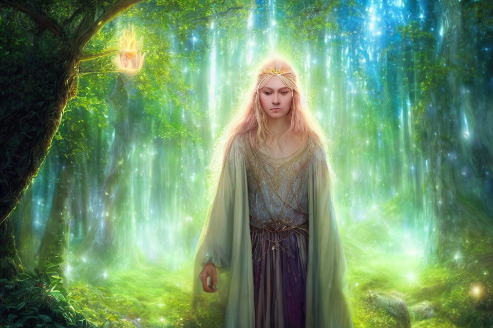 Blonde woman with golden crown in enchanted forest with orb