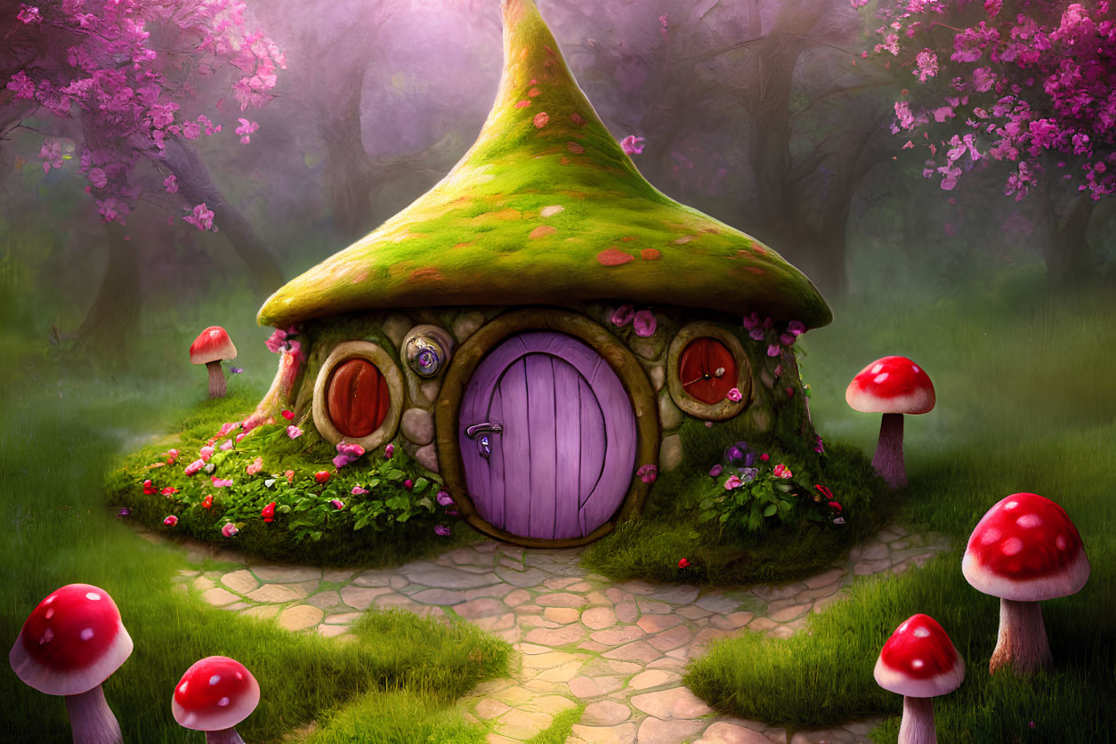 Illustration of fairy-tale mushroom house in misty forest with vibrant flowers