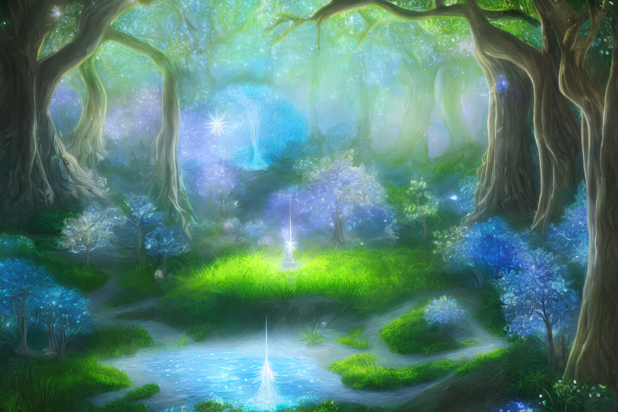 Enchanting Forest Glade with Blue and Purple Flora and Tranquil Pond