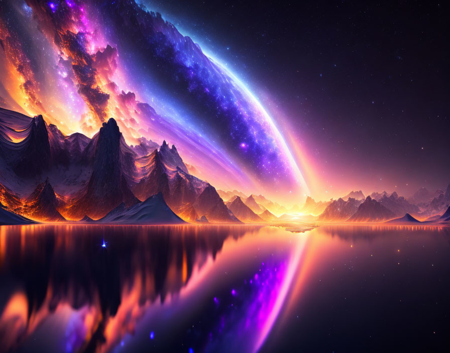 Vibrant cosmic scene: Starry sky, mountain peaks, galactic arc, serene lake at