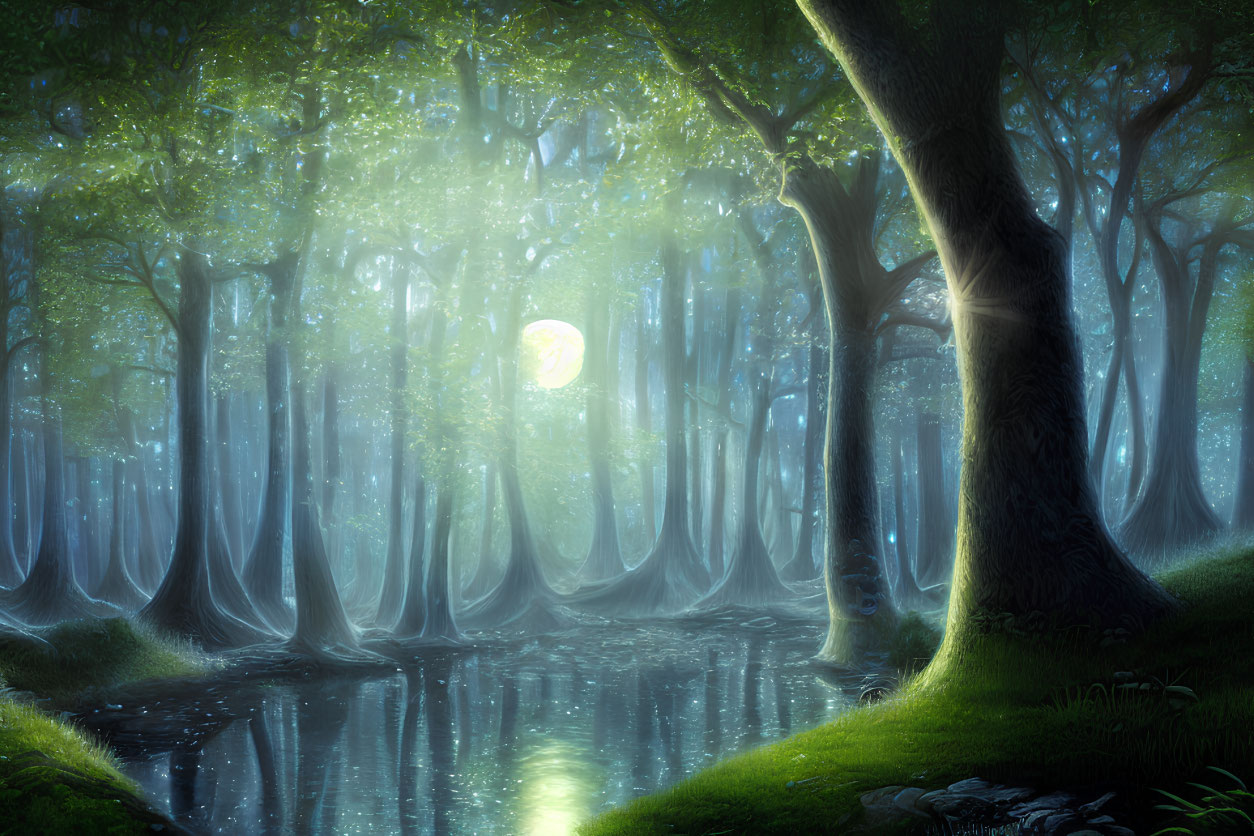 Mystical forest with towering trees, moonlit water, and blue fog