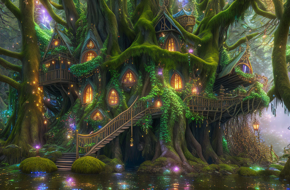 Mystical forest scene with intricate tree dwellings and warm lights