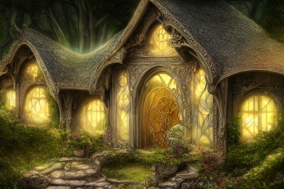 Intricate Glowing Cottage in Enchanted Forest