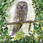 Illustrated owl with yellow eyes on branch in magical green forest