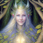 Ethereal elf with pointed ears and golden crown in nature setting