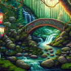 Enchanted forest scene with illuminated bridge and moss-covered trees